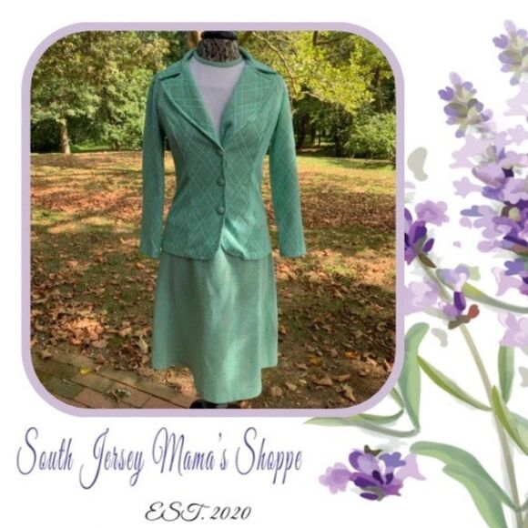 Vintage Jackets & Blazers - Vintage 1960s Green & White Suit Skirt Jacket Belt Size 8 (C51)